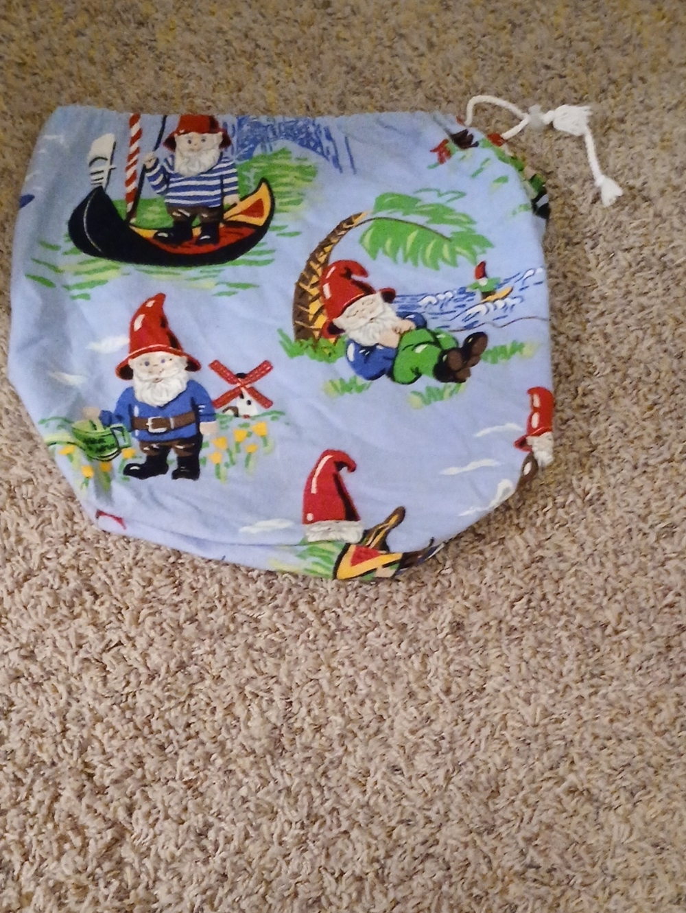 Nick & Nora Light Blue Drawstring Mini Bag with Red Accent Gnomes